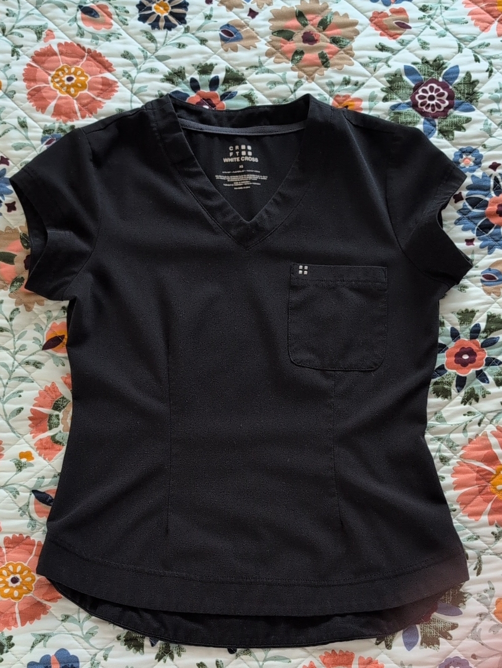 White Cross Black V-Neck Short Sleeve Scrub Top
